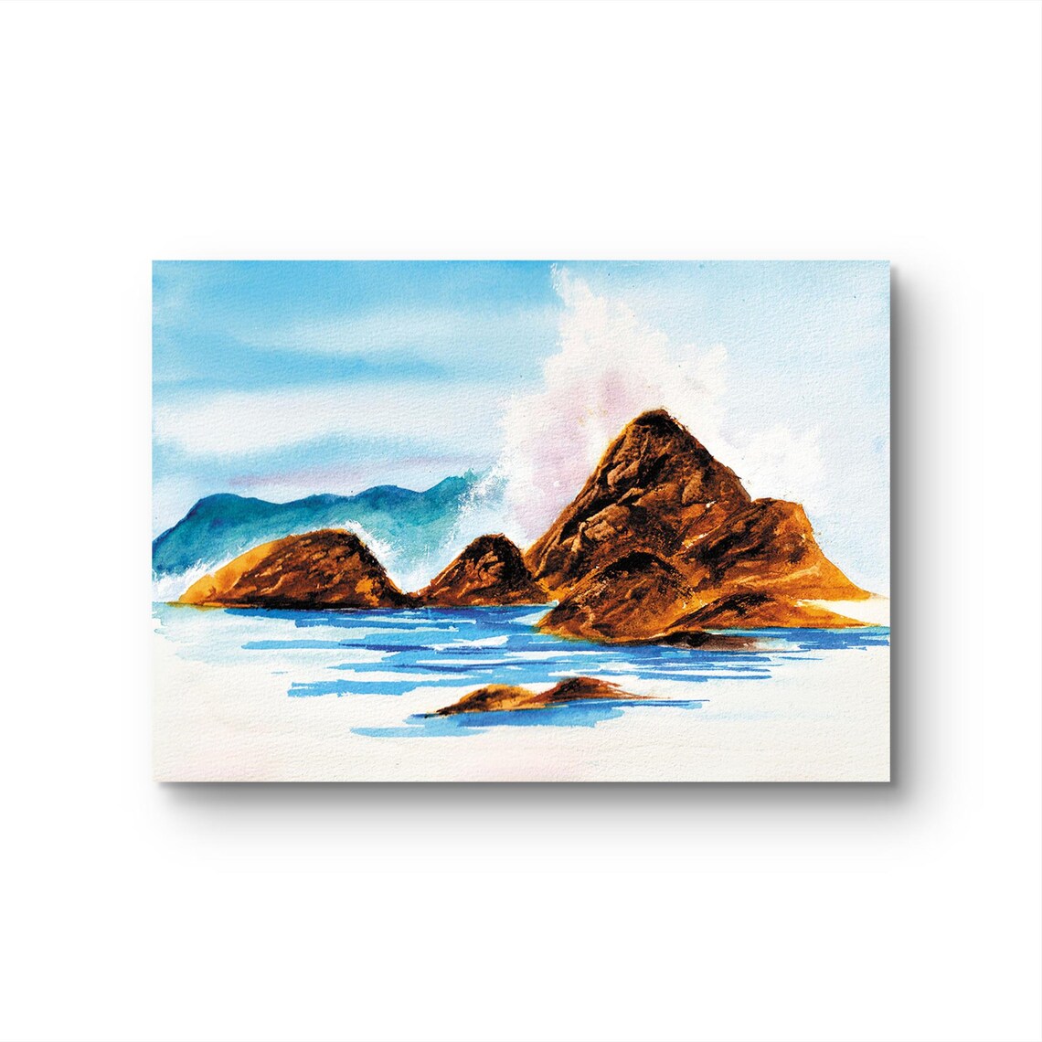 Watercolor Ocean Waves, Rocky Seascape Art Print