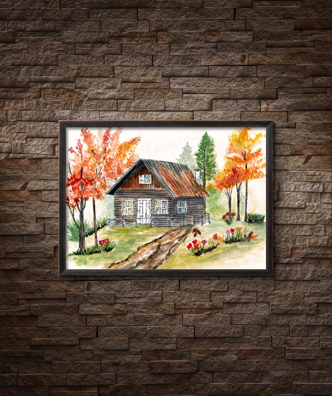Autumn Cabin Watercolor Printcozy Fall Landscape