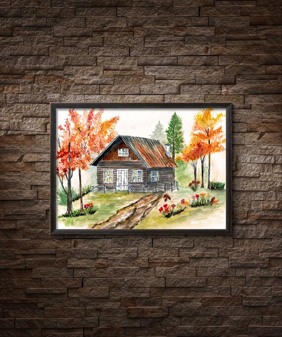 Autumn Cabin Watercolor Printcozy Fall Landscape