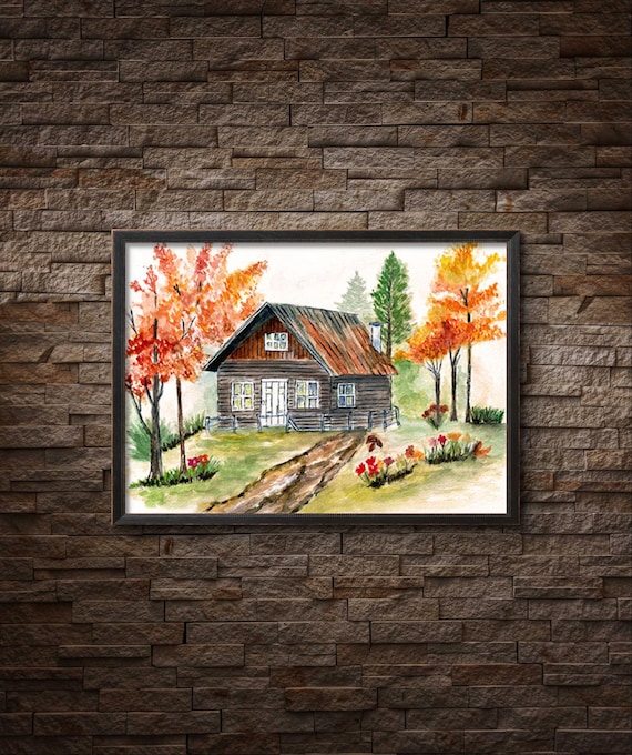 Cozy Autumn Log Cabin Vibrant Fall Foliage Watercolor Scene Print