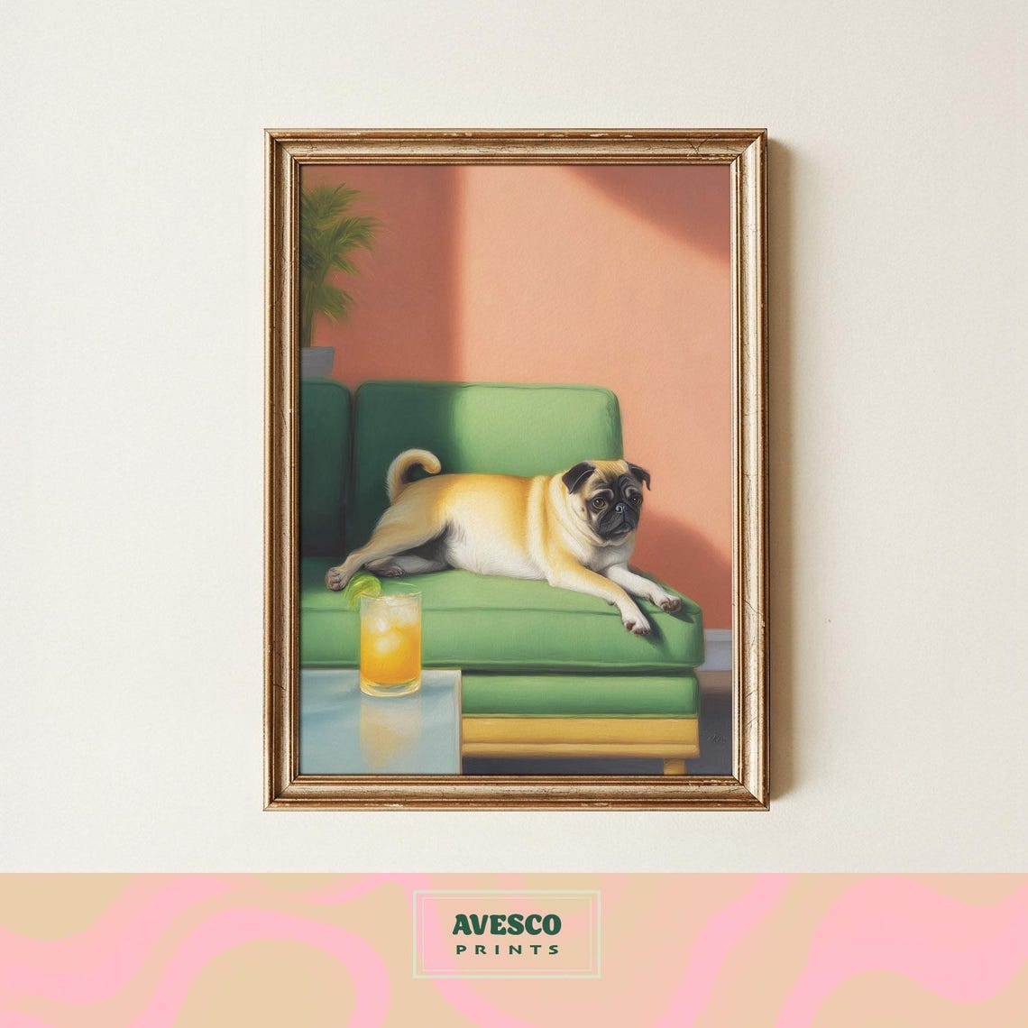 Pug Cocktail Hour Poster Green Sofa Drink Fun Summer Dog Decor