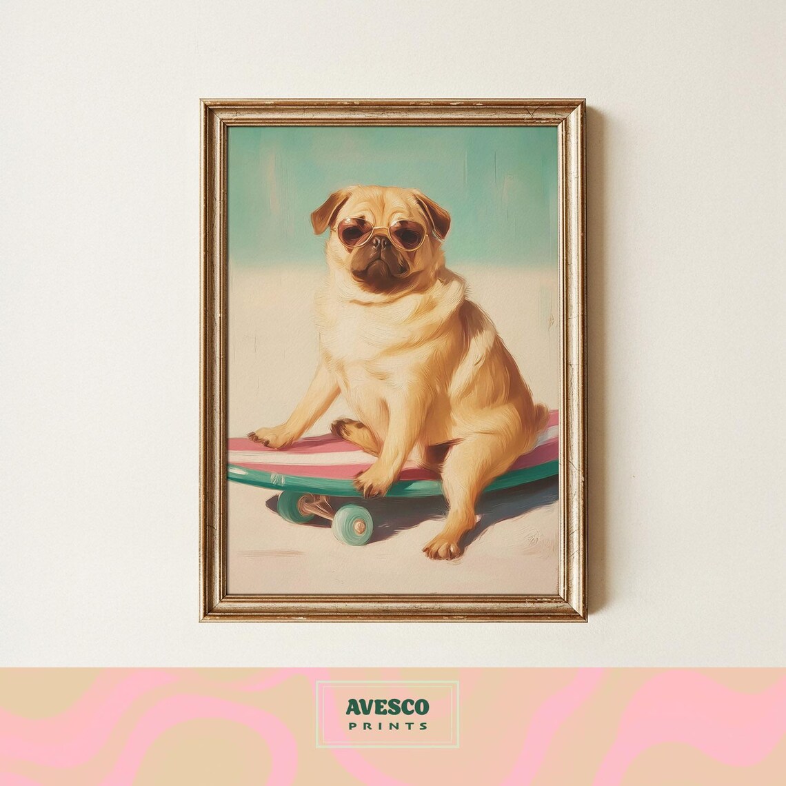 Pug On Skateboard Art Print, Summer Dog Lover