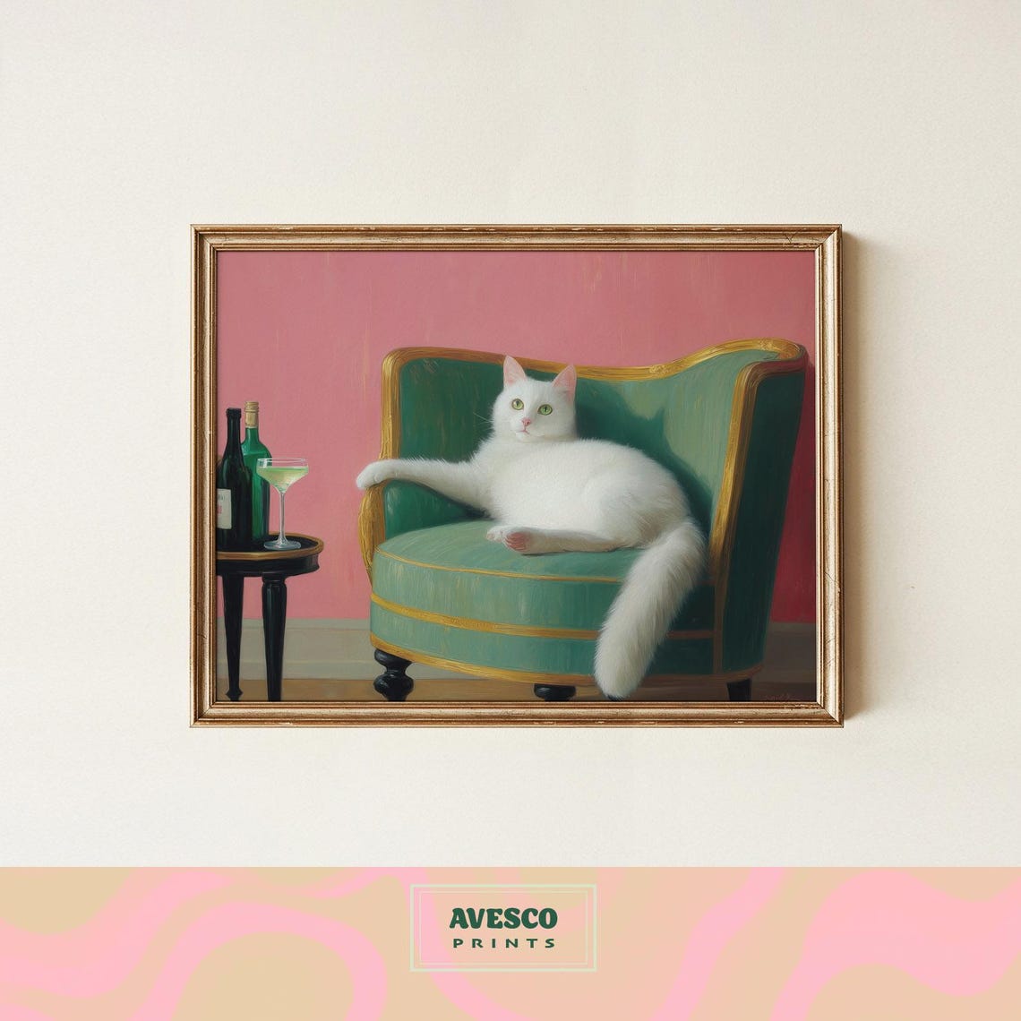 White Cat Relaxing In A Velvet Armchair With A Martini Poster
