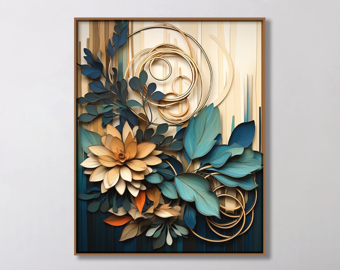 Blue And Beige Botanical Poster, Boho Bedroom Art