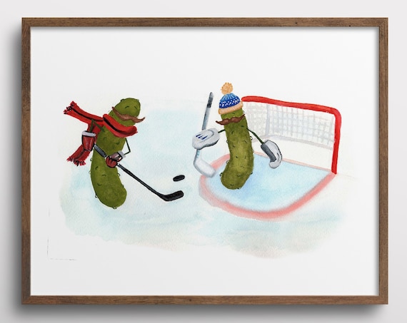 Whimsical Pickles With Mustaches Ice Hockey Art Print