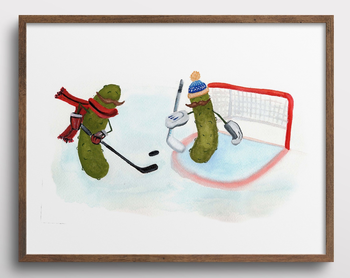 Whimsical Pickles With Mustaches Ice Hockey Art Print