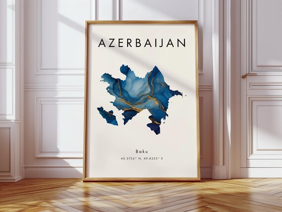 Azerbaijan Map Poster Blue And Gold Europe Wall Art Print Home Decor Geography Gift Wallpaper