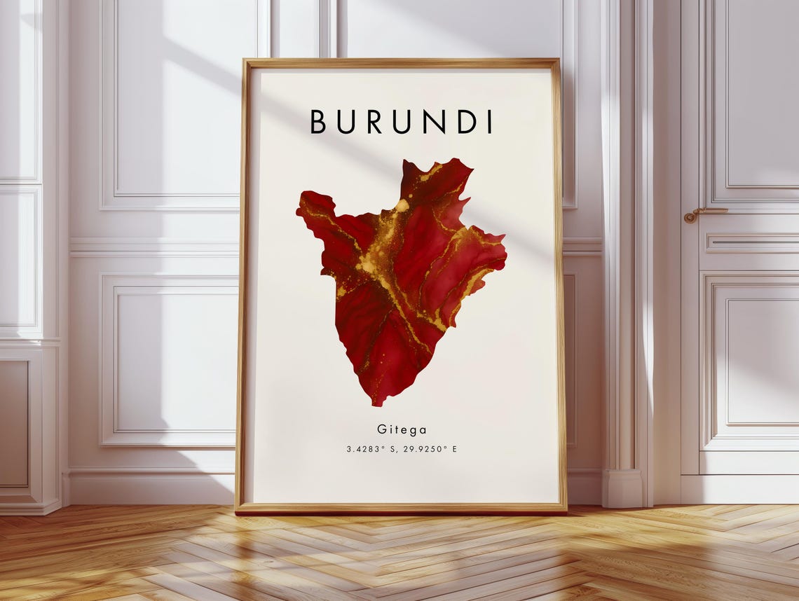 Burundi Map Red Gold Ink Style With Gitega Coordinates Wall Art