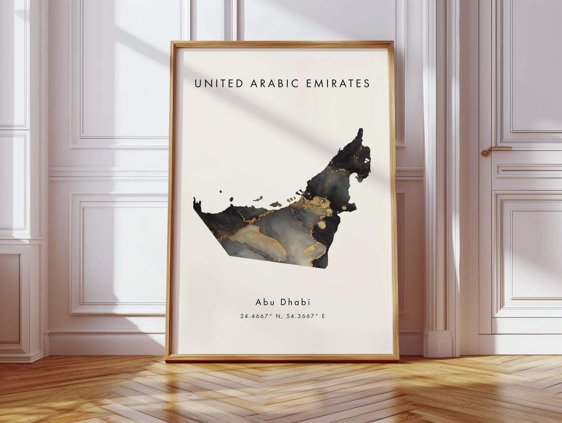 United Arab Emirates Black Gold Ink Map Art Abu Dhabi Travel Poster