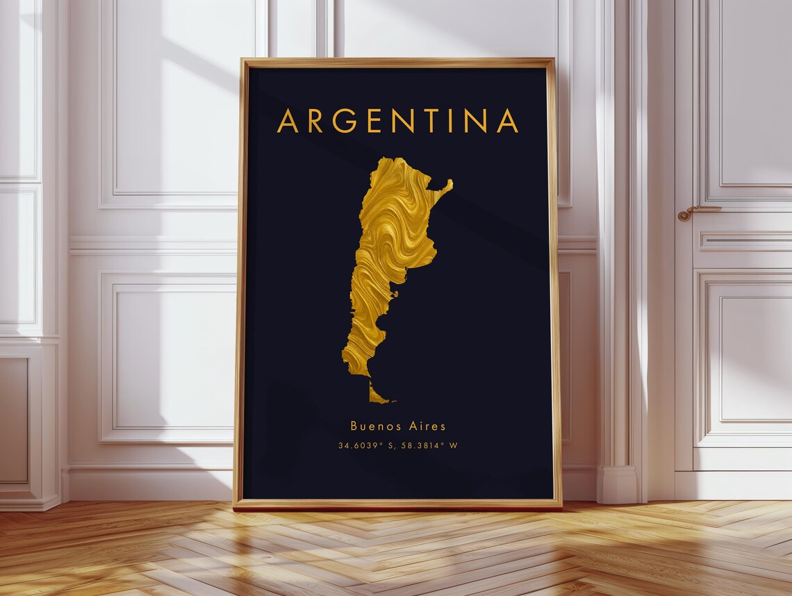 Argentina Map Poster Gold South America Wall Art Print Home Decor Geography Gift Wallpaper