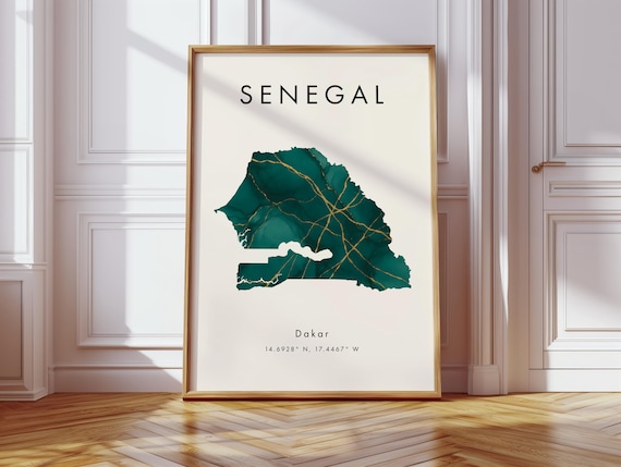 Senegal Map Poster Green And Gold Africa Wall Art Print Home Decor Geography Gift Wallpaper