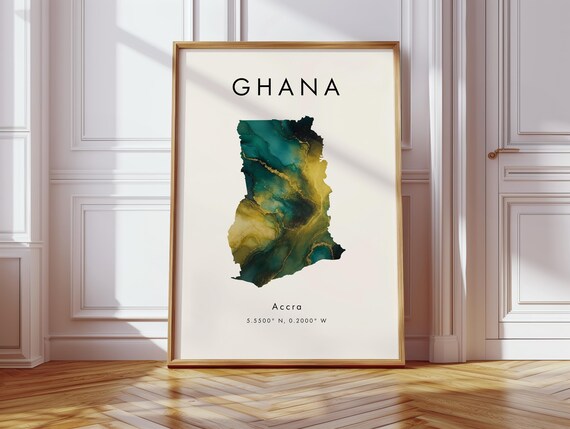 Ghana Map Poster Green And Gold Africa Wall Art Print Home Decor Geography Gift Wallpaper