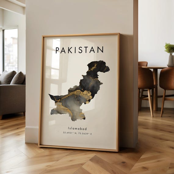 Pakistan Map Poster, Black and Gold Asia Art Print