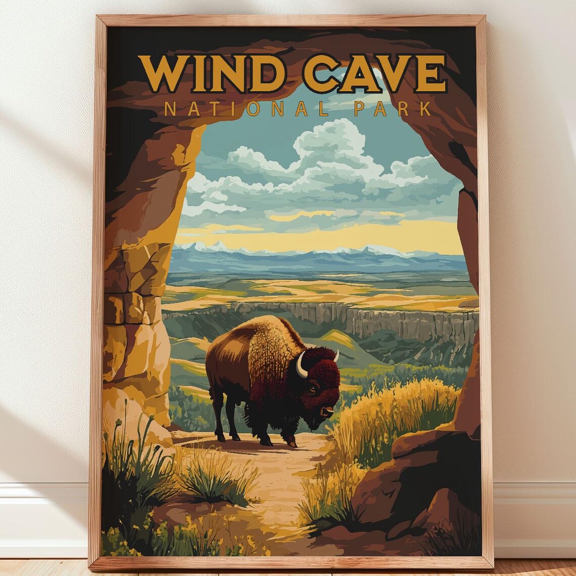 Wind Cave National Park Bison Prairie Canyon Vintage Travel Poster
