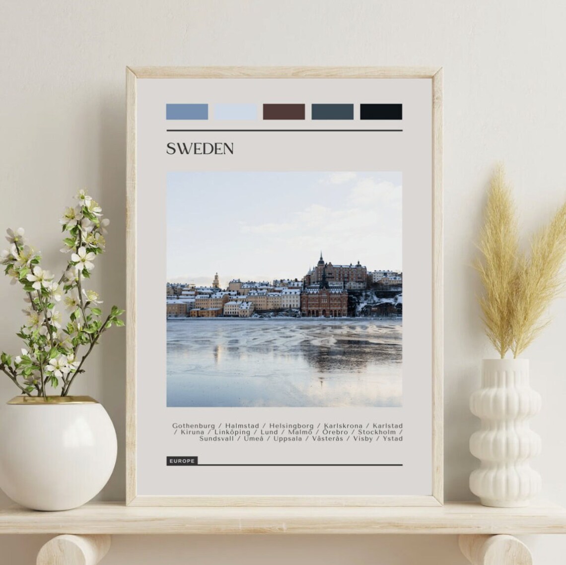 Sweden Stockholm Winter Waterfront Snowy City Color Block Poster