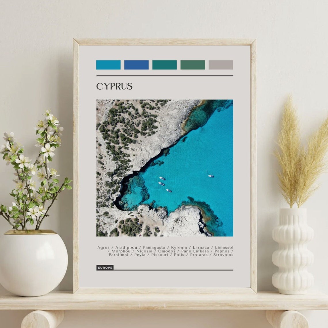 Cyprus Turquoise Cove Rocky Coastline Color Block Travel Poster