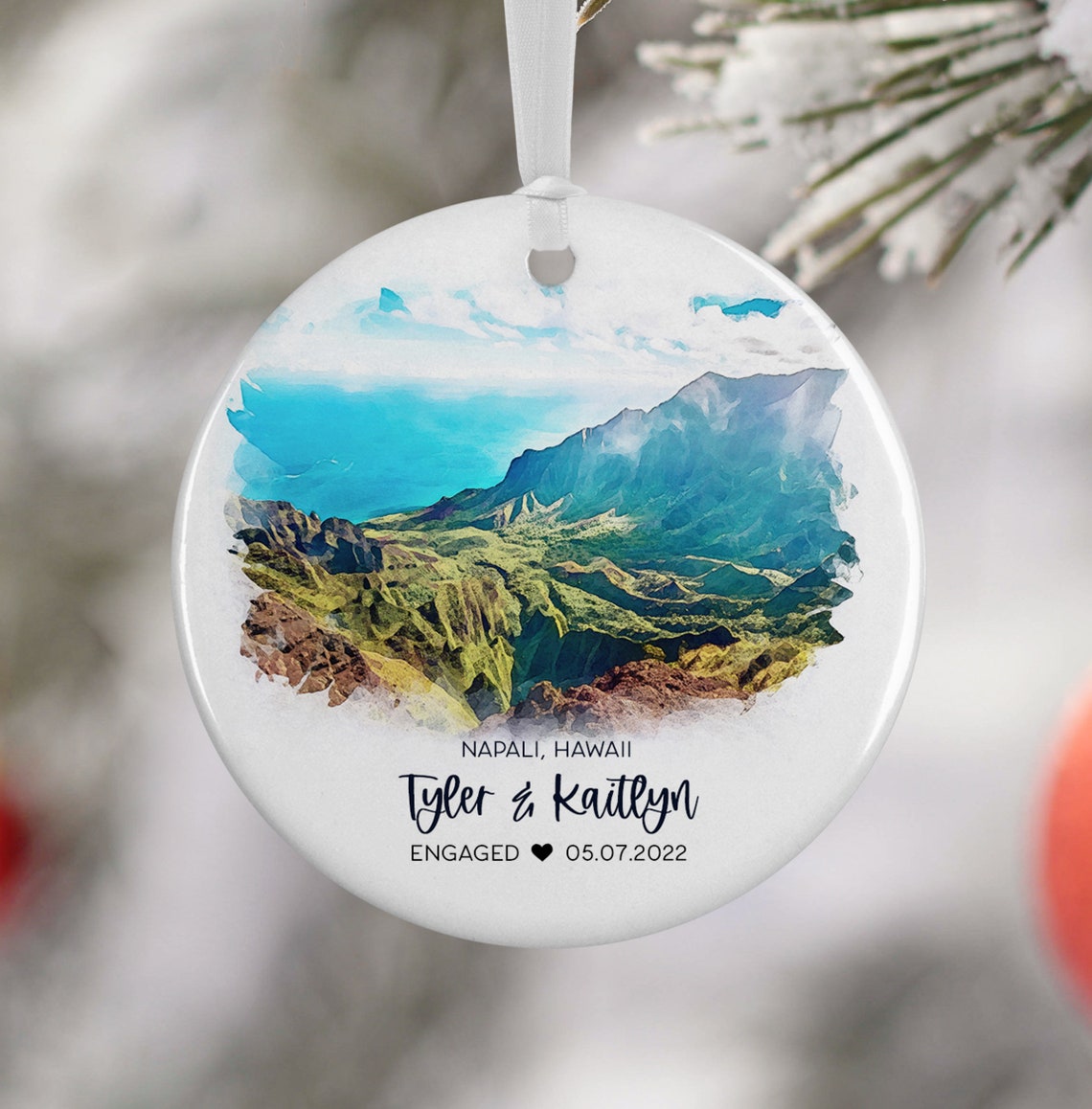 Napali Hawaii Watercolor Coastline Engagement Keepsake Ornament Print