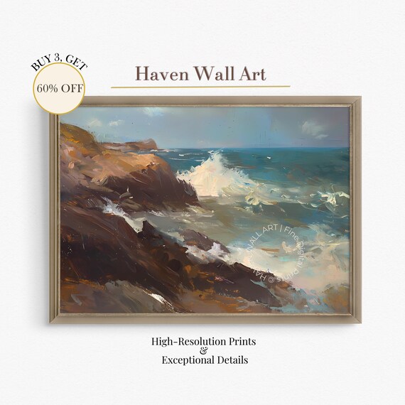 Stormy Coastal Cliff Waves Dramatic Ocean Seascape Oil Painting Poster