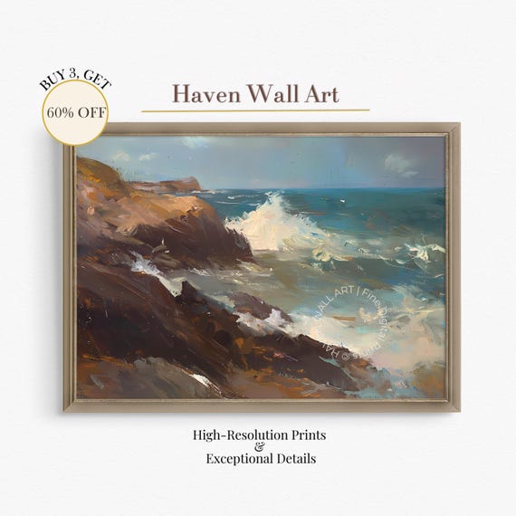 Stormy Coastal Waves Dramatic Ocean Landscape Wall Art Moody Seascape Print Pub006
