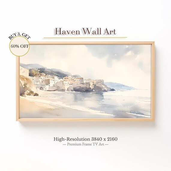Mediterranean Beach Village Soft Watercolor Coastal Landscape Poster