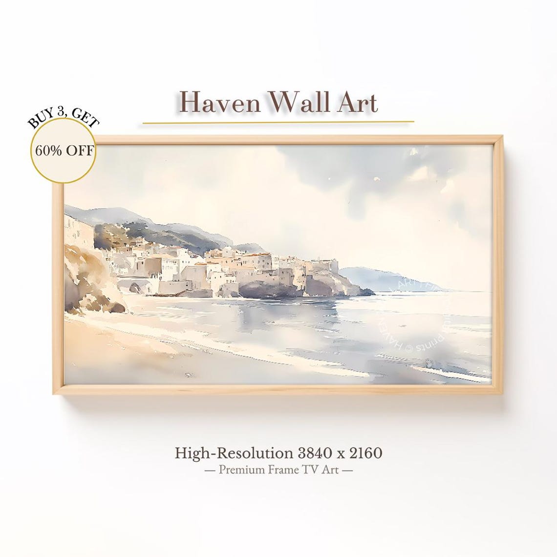 Mediterranean Beach Village Soft Watercolor Coastal Landscape Poster
