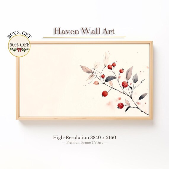 Minimalist Winter Berries Watercolor Scandinavian Style Frame Tv Art Samsung Modern Farmhouse Decor Twl054