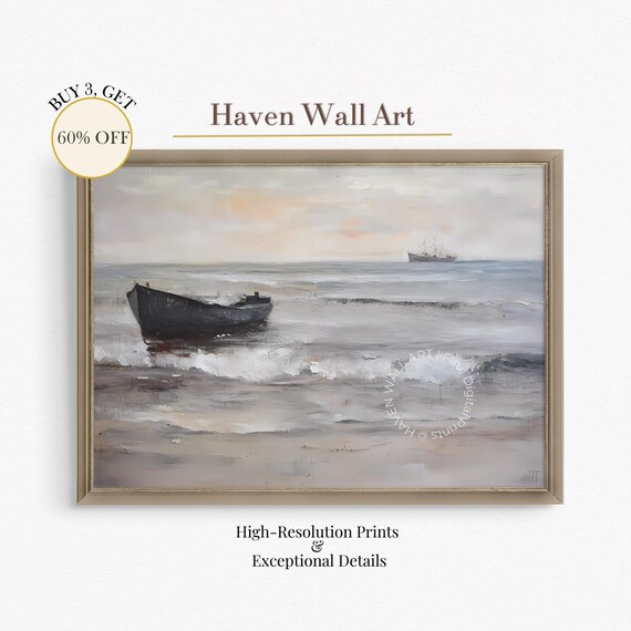 Dark Rowboat Beached Shore Muted Vintage Seascape Ocean Poster