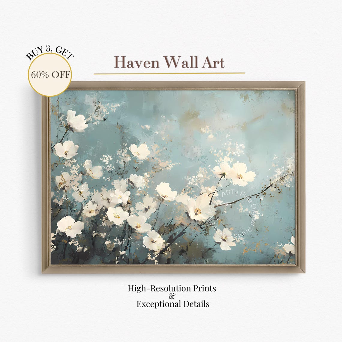 White Blossom Branches Soft Teal Blue Floral Botanical Painting Poster
