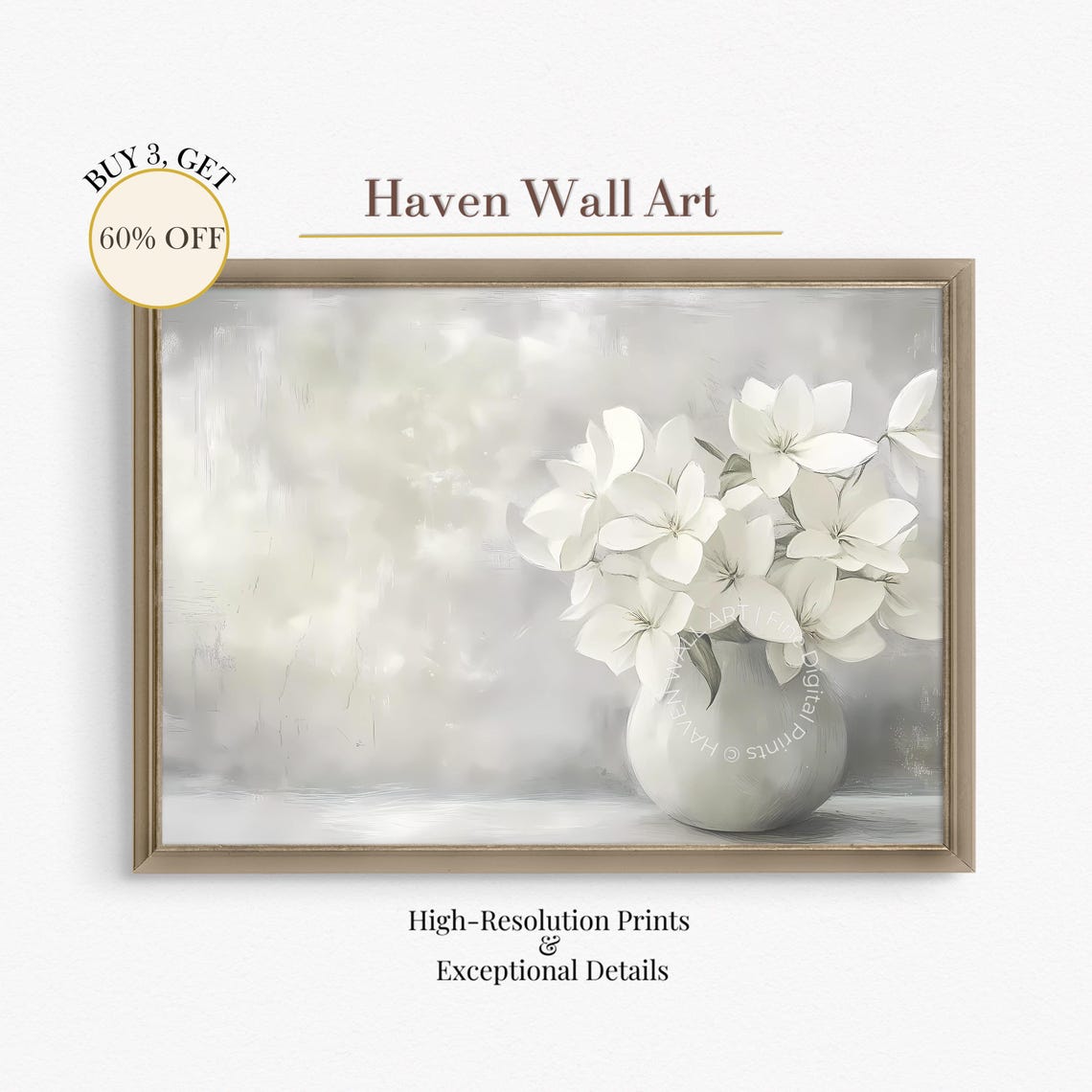 White Flowers in White Vase Soft Neutral Minimalist Still Life Print
