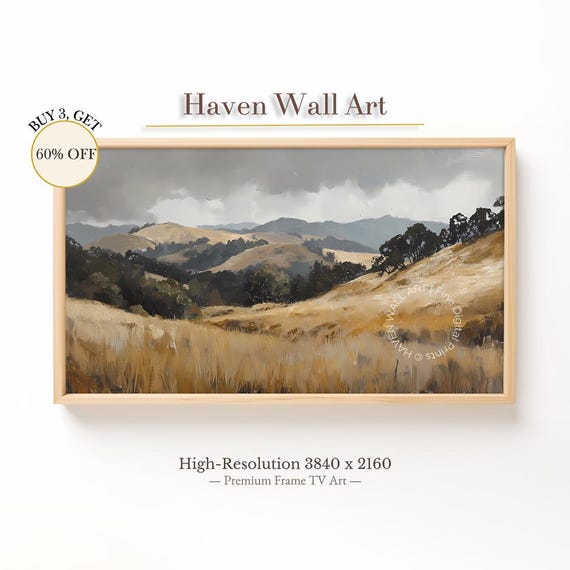 Stormy Autumn Prairie Painting Frame Tv Art For Samsung Moody Western Landscape Wall Grey Gold Landscapetal088