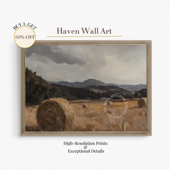 Golden Hay Bales Field Oil Painting Harvest Dusk Mountain View Poster