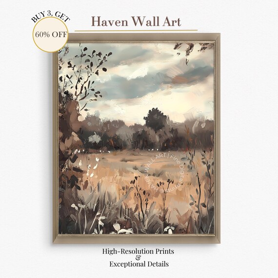 Autumn Meadow Cloudy Sky Wildflowers Moody Impressionist Poster