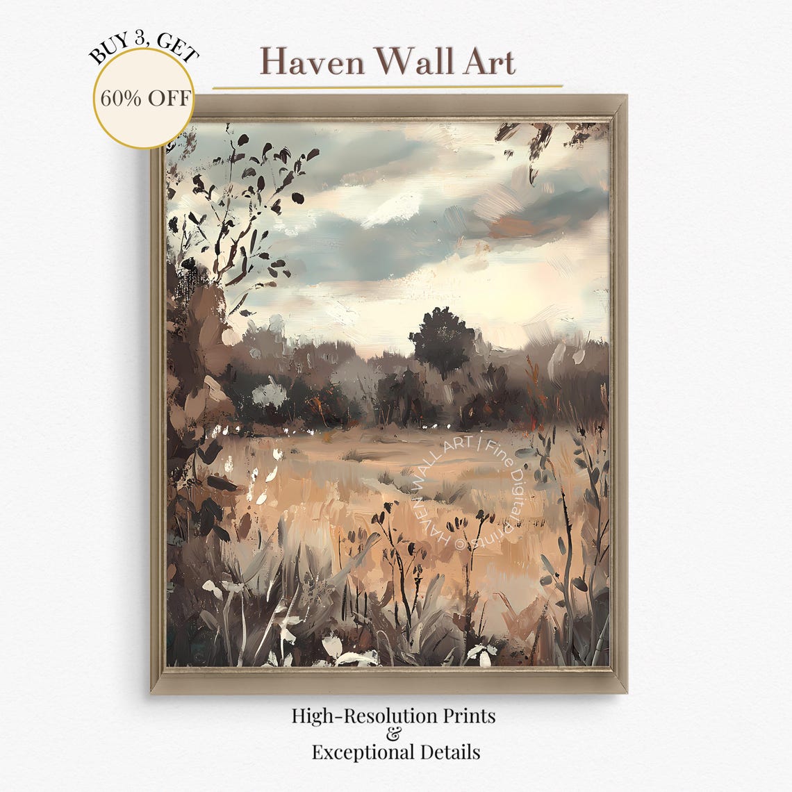 Autumn Meadow Cloudy Sky Wildflowers Moody Impressionist Poster