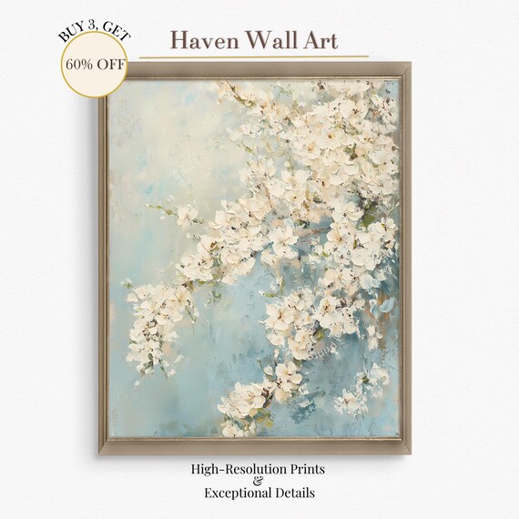 White Cherry Blossom Branches Soft Blue Abstract Floral Wall Art