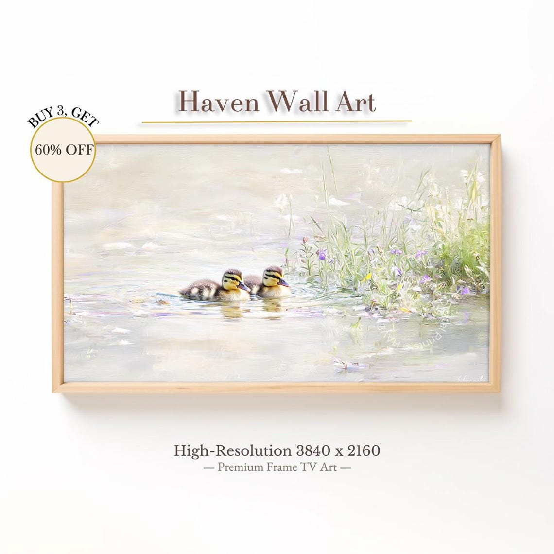Spring Ducklings Frame Tv Art Pastel Pond Scene Vintage Nature Wallpaper Tsa010