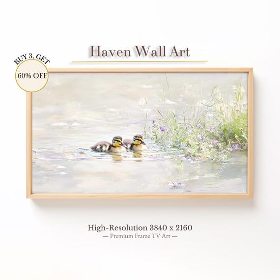 Spring Ducklings Frame Tv Art Pastel Pond Scene Vintage Nature Wallpaper Tsa010