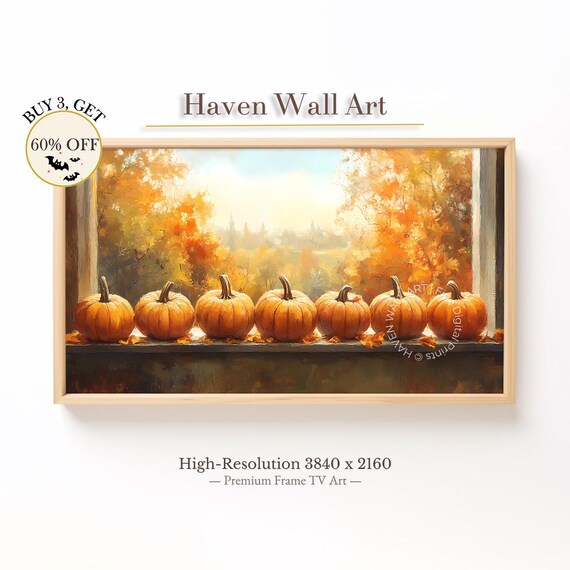 Autumn Pumpkins on Sunny Windowsill Cozy Fall Harvest Vintage Wall Art