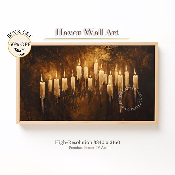 Vintage Haunted Candles Frame TV Gothic Golden Glow Wall Art