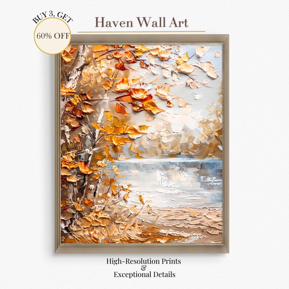 Autumn Leaves Palette Knife Oil Painting Over Pale Lake Textured Wall Art