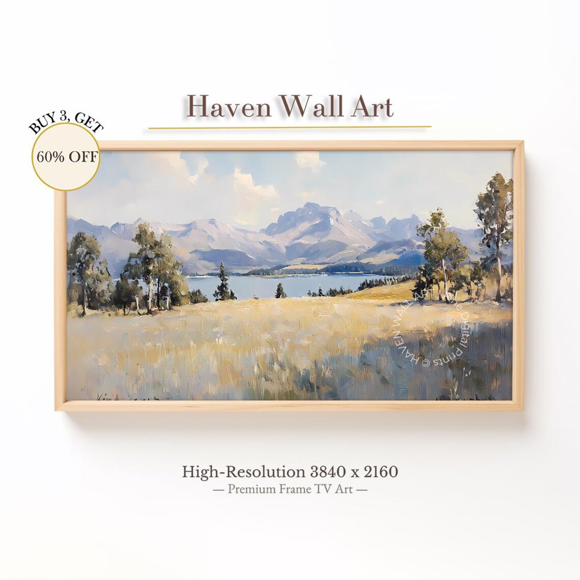 Serene Majestic Mountain Lake Golden Meadow Oil Painting Wall Art