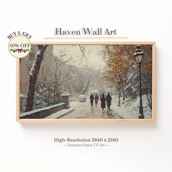 Snowy Park Path Four Walkers Autumn Leaves Vintage Lamp Poster