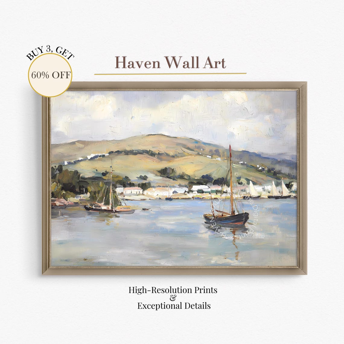 Sailboats on a Tranquil Bay Coastal Oil Painting Nautical Art Poster