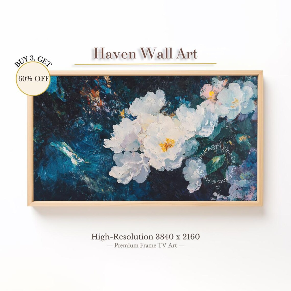 White Peonies Deep Teal Moody Textured Oil Floral Art Poster