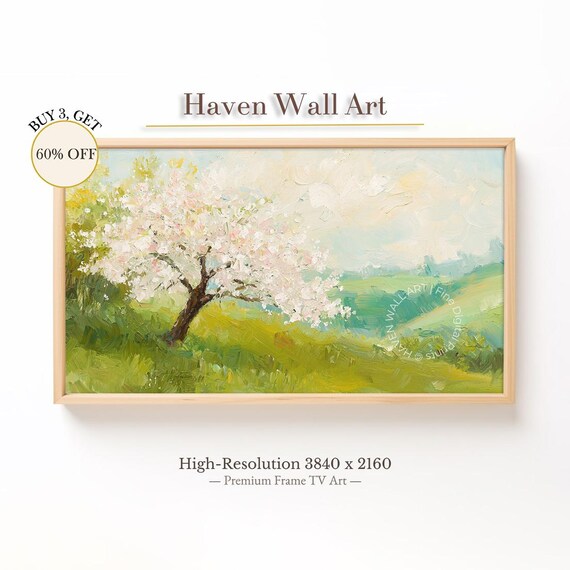 Blooming White Cherry Tree on Green Hillside Spring Landscape Poster