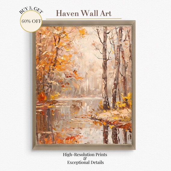 Rich Autumn Forest Orange Leaves Reflective Water Art Poster