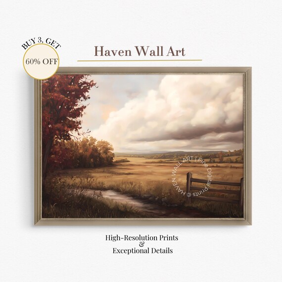 Moody Autumn Meadow Golden Fields Dramatic Clouds Rustic Wall Art