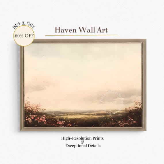 Golden Countryside Sunset Minimalist Neutral Landscape Warm Pastel Wall Art Rustic Nature Decor Psl095