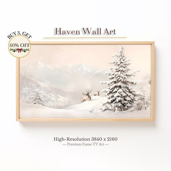 Snowy Wilderness With Deer Samsung Frame Tv Art Winter Mountain Landscape Majestic Wildlife Scene Twl045