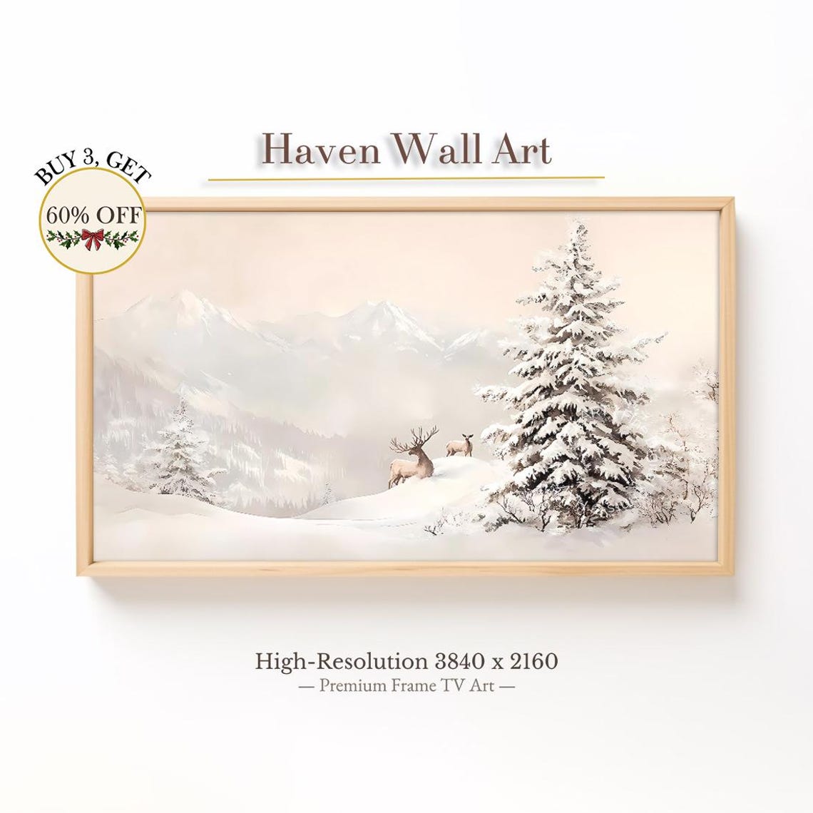 Snowy Wilderness Deer Pair Frame TV Winter Mountain Scene Wall Art