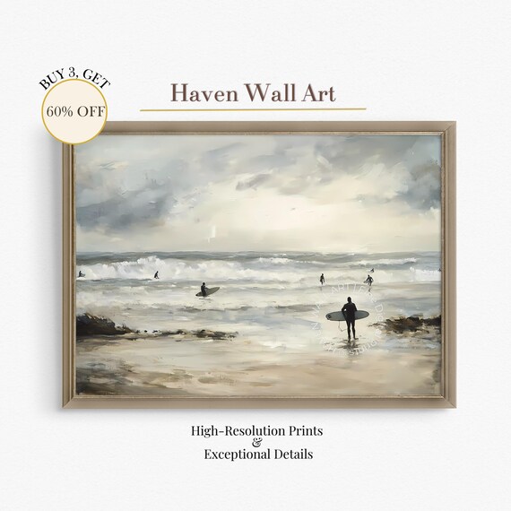 Surfers Waiting on Waves Gray Beach Scene Impressionist Surf Poster